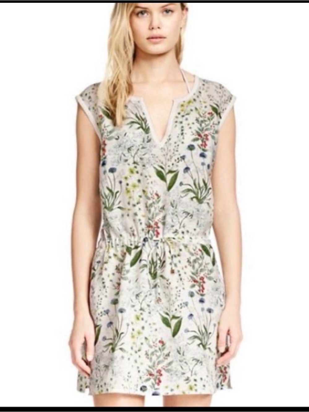 Tory Burch Tomino Watercolor Botanical LINEN Dress cover up drawstring waist